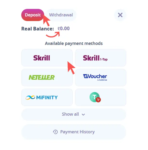 Deposit at Casino Infinity