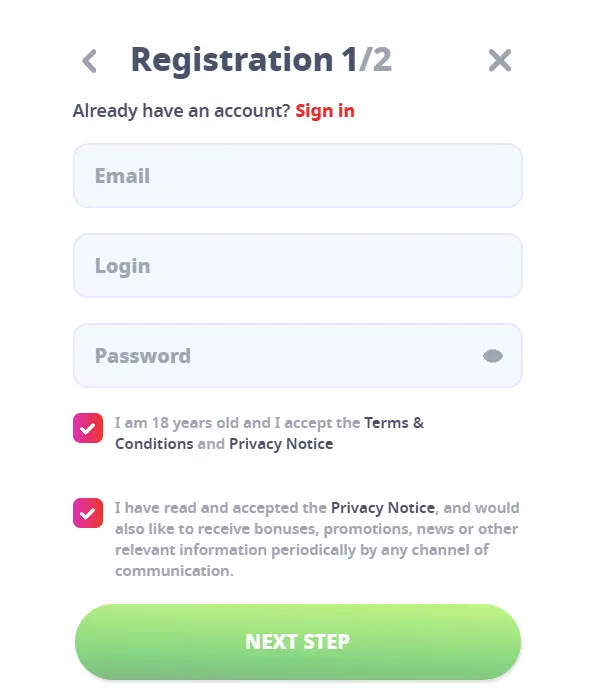 Casino Infinity signup page